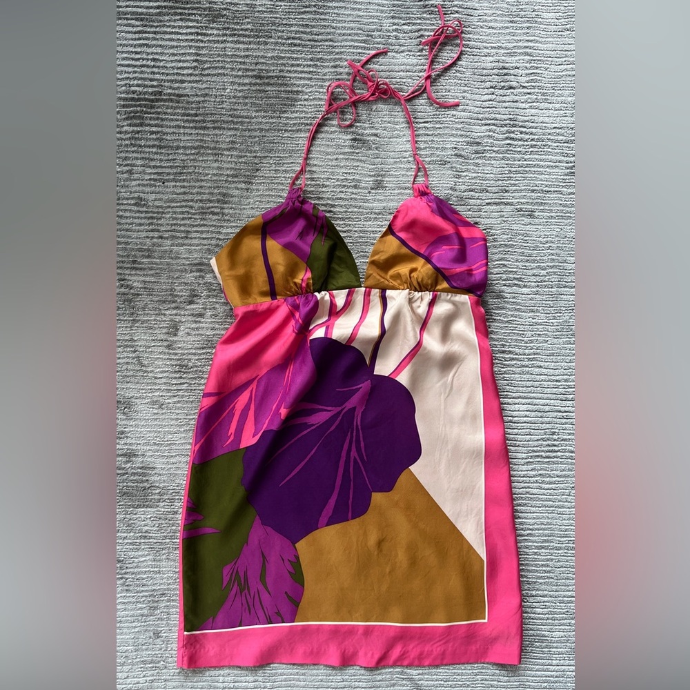 Tibi Silk Bright Floral Halter Mini Dress